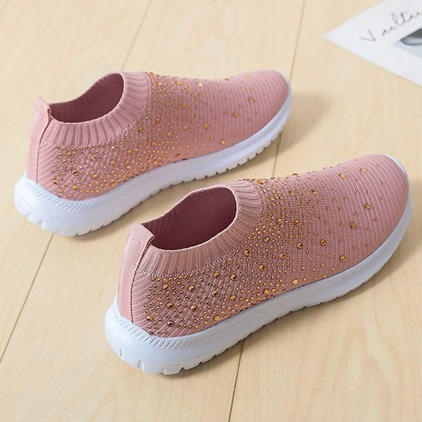 Women Flat Slip-on Sneakers Crystal Knitted Walking Shoes Breathable Sports Shoes Plus Size