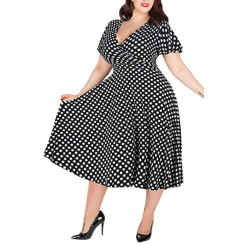 Kvinnors prickklänning Djup V-ringad Casual Vintage Elegant kortärmad klänning med bälte Plus storlek festnattklänningar