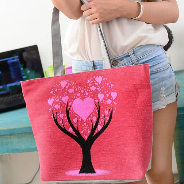 Women Canvas Tote Bag Floral Print Shoulder Bag Casual Zipper Shopping Bags