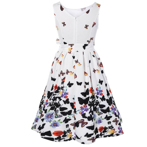 Women Floral Butterfly Tank Dress Pleat Swing Sleeveless Dresses with Bow-knot Belt Back Zipper for Party Beach Dating