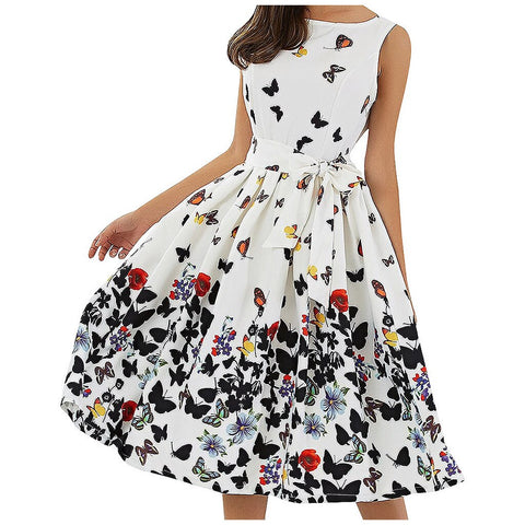 Women Floral Butterfly Tank Dress Pleat Swing Sleeveless Dresses with Bow-knot Belt Back Zipper for Party Beach Dating