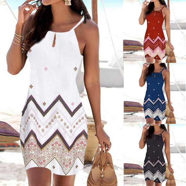 Women Halter Neck Sleeveless Dress Boho Print Mini Dresses Summer Beachwear