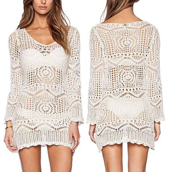 Women Swimsuit Coverall Long Sleeve Bikini Blouse Dress Hollow Sexy Perspective Cover Dresses Bikini Cover-up
