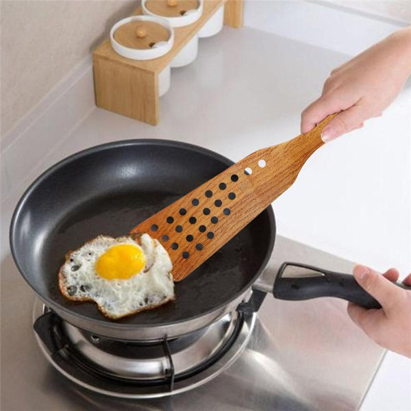 24-hole Wooden Curved Spatula Slotted Turner Cooking Untensils for Non-stick Pan