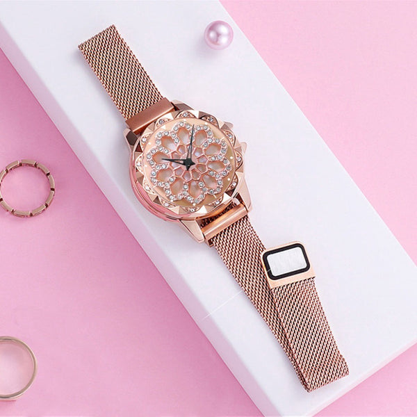 Women Lucky Flower Watch with Magnetic Buckle Watchband 360° Rotating Crystal Bezel