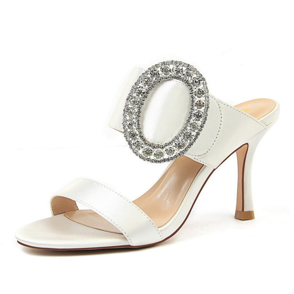 Women Satin High Heel Sandals Open toe Slip on Shoes with Metal Rhinestone Buckle for Banquet
