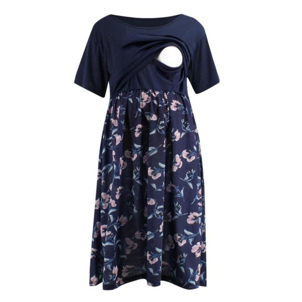 Women Maternity Short Sleeve Midi Dress Floral Nursing Dresses for Breastfeeding