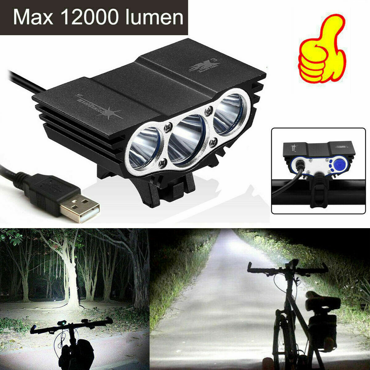 Cykellampor USB uppladdningsbar HeadLight 20000LM 3*LED cykellampa Superljusficklampa