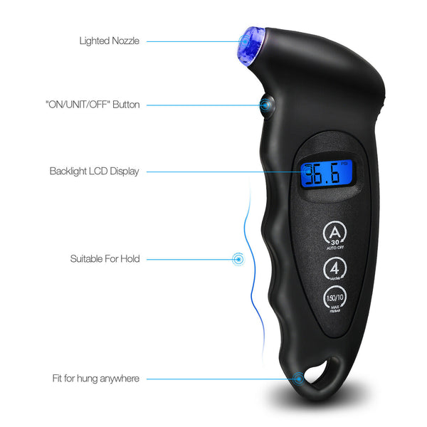Digital däcktrycksmätare med bakgrundsbelyst LCD -display 150 PSI handhållna mätare för cykelbil
