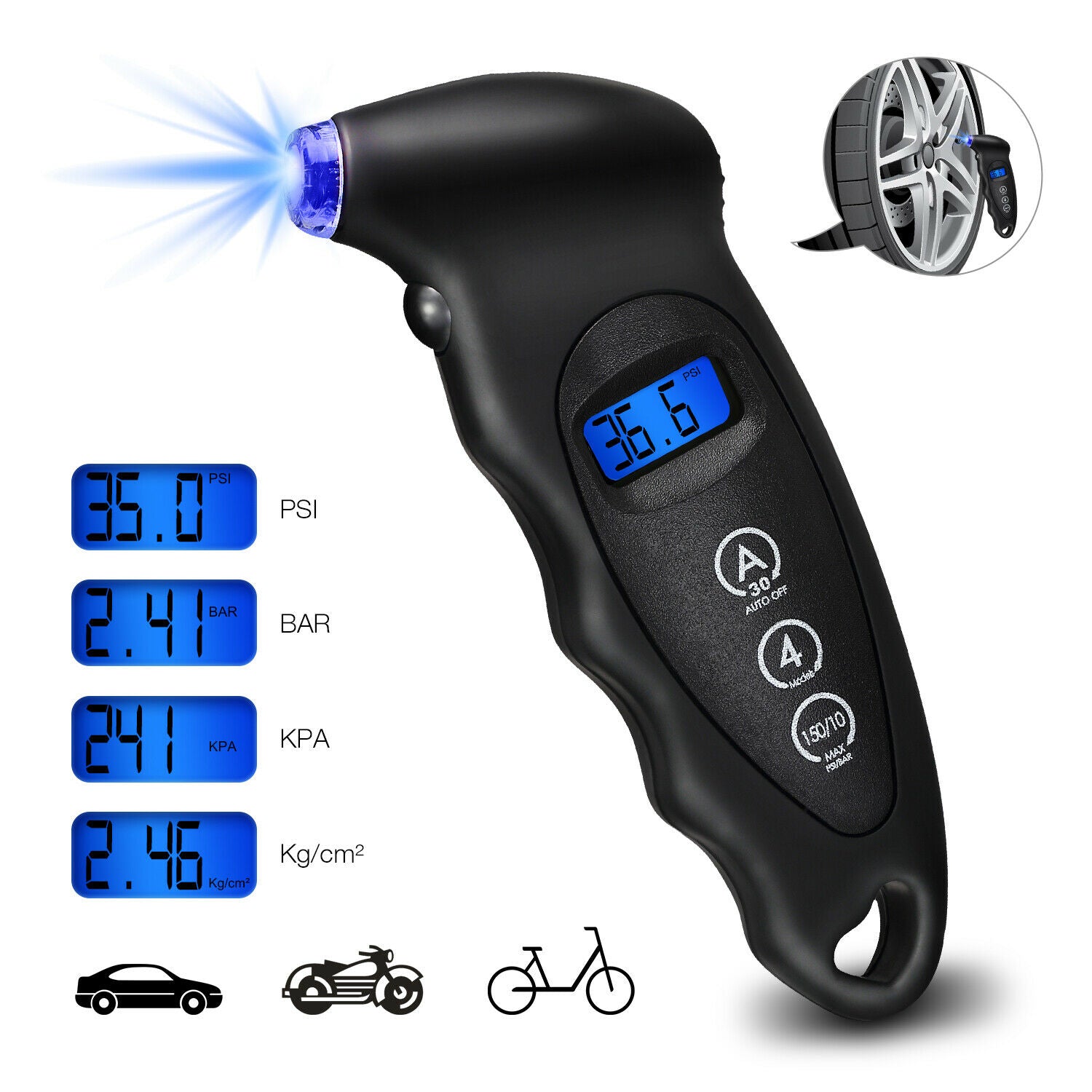 Digital däcktrycksmätare med bakgrundsbelyst LCD -display 150 PSI handhållna mätare för cykelbil